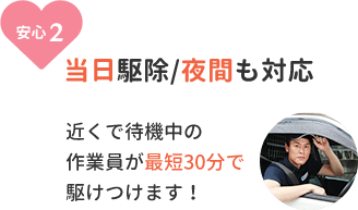 安心2、当日駆除・夜間も対応。近くで待機中の作業員が最短30分で駆けつけます。