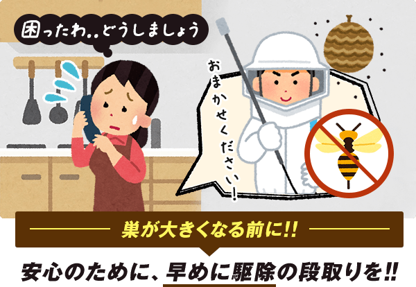 巣が大きくなる前に！！ 安心のために、早めに駆除の段取りを！！