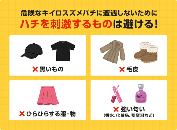 ハチを刺激するものは避ける。黒いもの、毛皮、ひらひらする服・物、強い匂いのするもの。